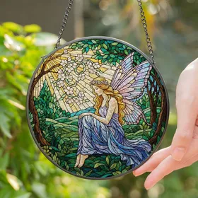 Ethereal Fairy Woman Butterfly Wings Stained Glass Mosaic Forest Tiffany Art Jewel Tones Stained Glass Suncatcher