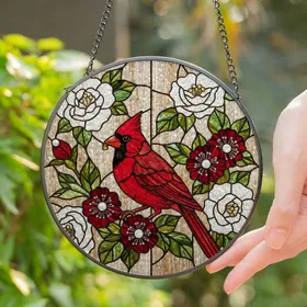 Brilliant Red Cardinal Stained Glass with Flowers & Wood Grain Mosaic Background Stained Glass Suncatcher