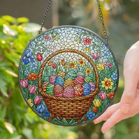 Easter Basket Eggs Vibrant Spring Flowers Blooming Garden Mosaic - Spring Holiday Decor Stained Glass Suncatcher