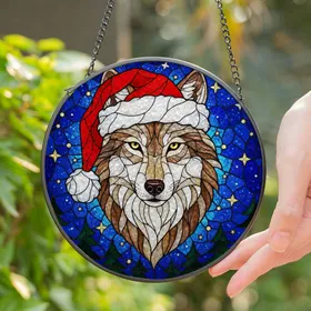 Wolf Santa Hat Stained Glass Night Sky Stars Pine Trees - Christmas Holiday Gift Stained Glass Suncatcher