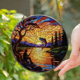 Tiffany Style Fisherman Jumping Fish Stained Glass - Lake Mountain Sunrise Sunset Art Gift for Dad Stained Glass Suncatcher