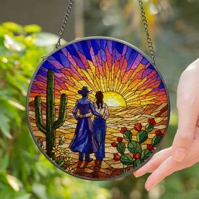 Cowboy Cowgirl Couple Desert Sunset Saguaro Prickly Pear Lone Star Stained Glass Art Stained Glass Suncatcher