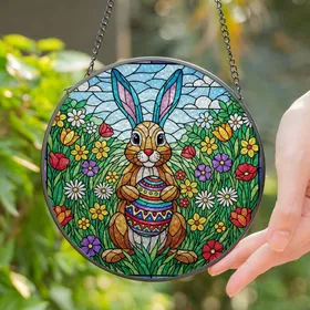 Sitting Bunny Rabbit Stained Glass Easter Egg - Vibrant Spring Meadow Colorful Tiffany Art Stained Glass Suncatcher