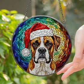 Boxer Dog Santa Hat Stained Glass Mosaic Tiffany Art - Christmas Holiday Dog Lover Gift Stained Glass Suncatcher