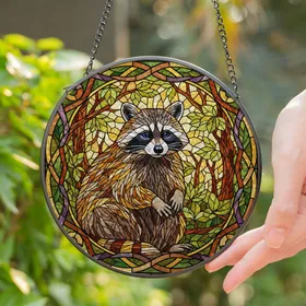 Raccoon Stained Glass Mosaic Forest Foliage - Tiffany Style Jewel Tone Window Decor Stained Glass Suncatcher