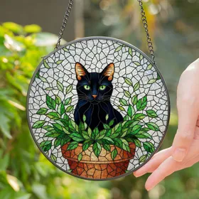 Black Cat Green Eyes Plant Pot Stained Glass - Rustic Terracotta & Iridescent Mosaic Stained Glass Suncatcher