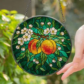 Stained Glass Peaches Orange Yellow Red Cream Flowers Emerald Teal Green Foliage Stained Glass Suncatcher