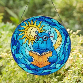 Smiling Light Blue Hippo Reading Book, Stained Glass Sun Moon Water Ripple Mosaic Art Stained Glass Suncatcher