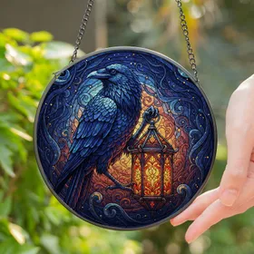 Stained Glass Raven Lantern - Intricate Gothic Celestial Mosaic Tiffany Inspired Art Stained Glass Suncatcher