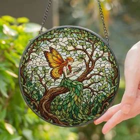 Stained Glass Fairy Reading Book on Tree Branch with Butterfly Wings - Tiffany Jewel Tones Stained Glass Suncatcher