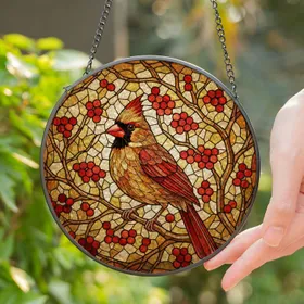 Female Northern Cardinal Red Berries Tiffany Style Mosaic Jewel Tone Art Home Decor Stained Glass Suncatcher
