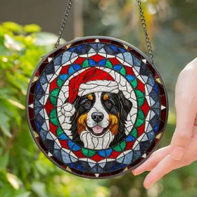 Bernese Mountain Dog Santa Hat Stained Glass - Christmas Holiday Gift for Dog Owners Stained Glass Suncatcher
