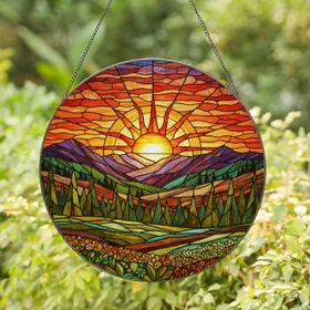 Vibrant Tiffany Stained Glass Sun Mountain Evergreen Forest Landscape Decor Gift Stained Glass Suncatcher