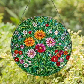 Stained Glass Floral Bouquet Tiffany Style Daisy Blossoms Lush Green Leaves Botanical Mosaic Stained Glass Suncatcher