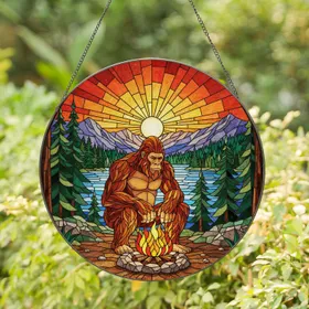 Bigfoot Sasquatch Campfire Mountain Lake Sunset Forest Stained Glass Jewel Tones Stained Glass Suncatcher