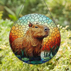 Capybara Stained Glass Tiffany Art - Aquatic Foliage Mosaic Pattern Translucent Jewel Tones Stained Glass Suncatcher
