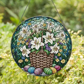 Easter Lily Basket Stained Glass Wildflowers Mosaic - Spring Garden Decor Gift Stained Glass Suncatcher