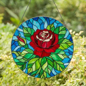 Bloomed Deep Red Flower Tiffany Style Mosaic Emerald Green Leaves Blue Teal Intricate Stained Glass Suncatcher