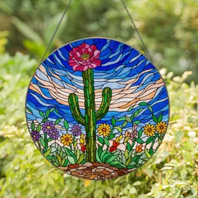 Colorful Stained Glass Cactus Pink Bloom - Tiffany Style Floral Mosaic Abstract Sky Stained Glass Suncatcher