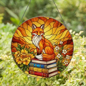 Tiffany Style Stained Glass Fox Books Autumn Flowers Jewel Tones Intricate Mosaic Stained Glass Suncatcher
