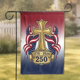 Jerusalem Cross Gold 1776-2026 USA 250th Anniversary Patriotic Americana Scroll Gold Stars Garden Flag
