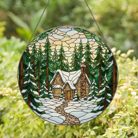 Snow-dusted Stone Cottage Evergreen Pine Forest - Tiffany Jewel Tone Stained Glass Art Stained Glass Suncatcher