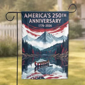 Bold Mountain Lake Canoe Patriotic - USA 250th Anniversary 1776-2026 Heritage Garden Flag