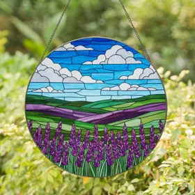 Lavender Flower Field Rolling Hills Blue Sky Clouds Colorful Tiffany Stained Glass Stained Glass Suncatcher