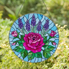 Magenta Rose Pink Rosebuds Purple Flowers Blue Mosaic - Tiffany Style Stained Glass Floral Art Stained Glass Suncatcher