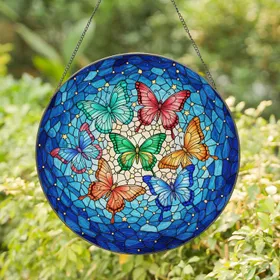Highly Detailed Seven Vibrant Butterflies Tiffany Stained Glass Golden Stars Blue Mosaic Stained Glass Suncatcher