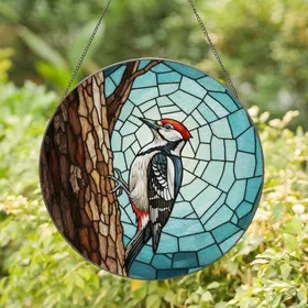 Vibrant Red Woodpecker Stained Glass Art - Tiffany Style Tree Trunk Mosaic Jewel Tones Stained Glass Suncatcher