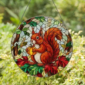 Red Squirrel Pumpkin Autumn Leaves Stained Glass Tiffany Style Art Home Decor Gift Stained Glass Suncatcher