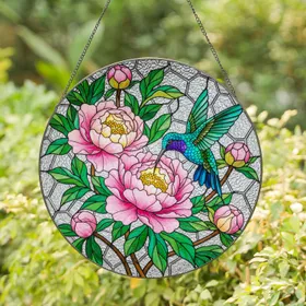 Iridescent Hummingbird Pink Peony Stained Glass Window Art - Jewel Tone Tiffany Mosaic Stained Glass Suncatcher