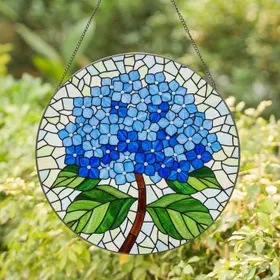 Blue Hydrangea Flowers Stained Glass Mosaic Art - Intricate Jewel Tones Green Leaves Stained Glass Suncatcher