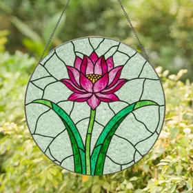 Tiffany Style Stained Glass Lotus Flower - Pink Magenta Emerald Green Window Art Stained Glass Suncatcher