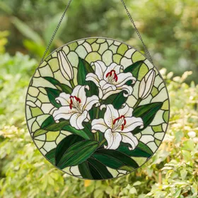 Three White Lilies Stained Glass Floral Mosaic Art - Tiffany Style Green Yellow Red Bloom Stained Glass Suncatcher