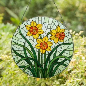 Three Daffodil Flowers Tiffany Style Stained Glass Mosaic - Sunny Home Art Gift Stained Glass Suncatcher