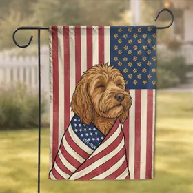Fluffy Golden Dog American Flag 1776-2026 - USA 250th Anniversary Patriot Paw Garden Flag