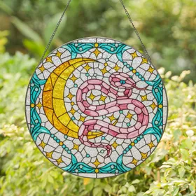 Pink Serpent Golden Moon Stars Stained Glass Art - Tiffany Style Jewel Tone Mosaic Stained Glass Suncatcher
