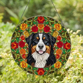 Bernese Mountain Dog Stained Glass Roses - Tiffany Style Jewel Tone Floral Mosaic Art Stained Glass Suncatcher
