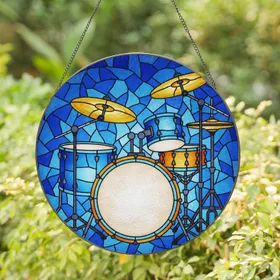 Prominent Bass Drum Snare Toms Golden Cymbals Tiffany Glass Blue Mosaic - Music Gift Stained Glass Suncatcher