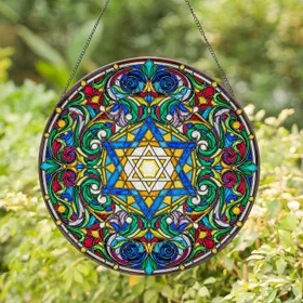Radiant Star of David Tiffany Stained Glass Intricate Geometric Mosaic Jewel Tone Artwork Stained Glass Suncatcher