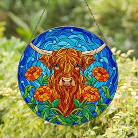 Highland Cow Stained Glass Art with Shaggy Fur, Marigolds & Blue Sky Mosaic Stained Glass Suncatcher