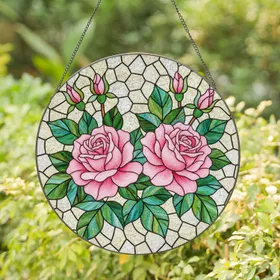 Pink Roses Detailed Stained Glass Art Tiffany Style Rosebuds Green Leaves Mosaic Clear Glass Stained Glass Suncatcher