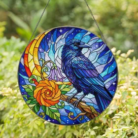 Majestic Raven Stained Glass Art - Glowing Jewel Tone Tiffany Style Moon Blossom Stained Glass Suncatcher