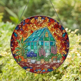 Stained Glass Greenhouse Mosaic Potted Plants Autumn Foliage Tiffany Jewel Tones Garden Decor Stained Glass Suncatcher