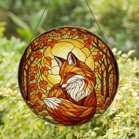 Peaceful Fox Golden Sun Autumn Leaves Forest Canopy Mosaic Stained Glass Tiffany Style Stained Glass Suncatcher