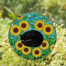 Black Cat Sunflowers Stained Glass Mosaic Art - Tiffany Style Home Decor Gift for Cat Lovers Stained Glass Suncatcher