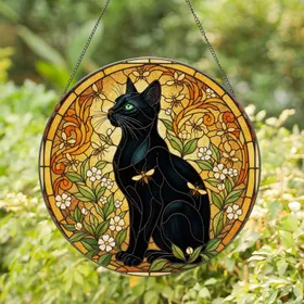 Black Cat Green Eyes Tiffany Stained Glass Golden Butterflies Floral Foliage Mosaic Stained Glass Suncatcher