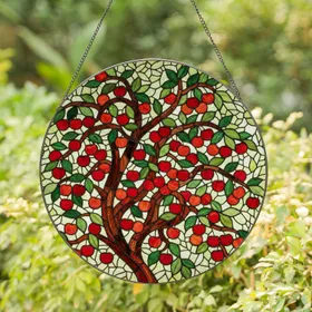 Tiffany Style Cherry Tree Red Cherries Green Leaves Stained Glass Dappled Light Decor Stained Glass Suncatcher